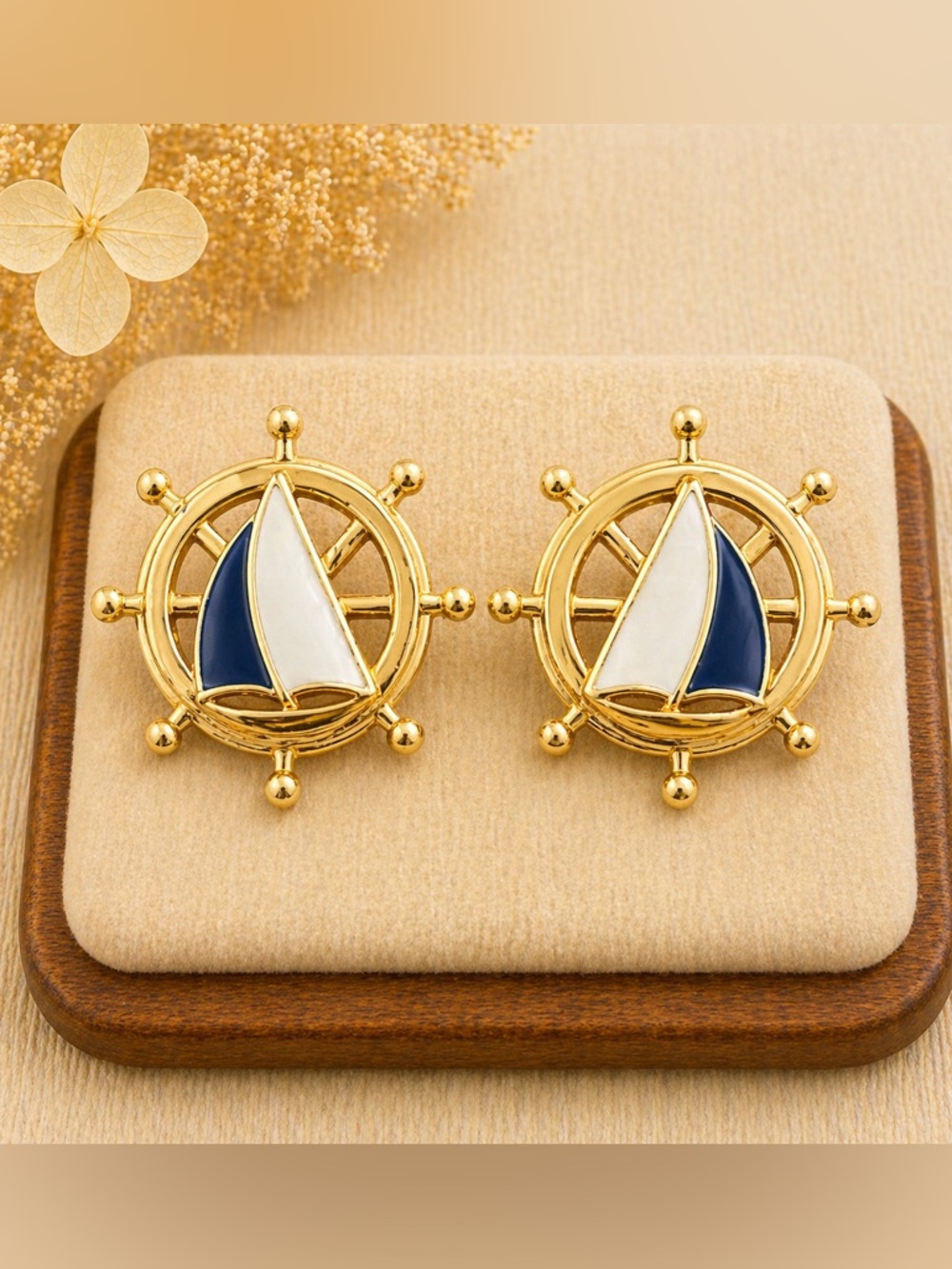 Vintage Signed AVON Gold Tone Sailboat Ship Wheel Blue White Enamel Earrings